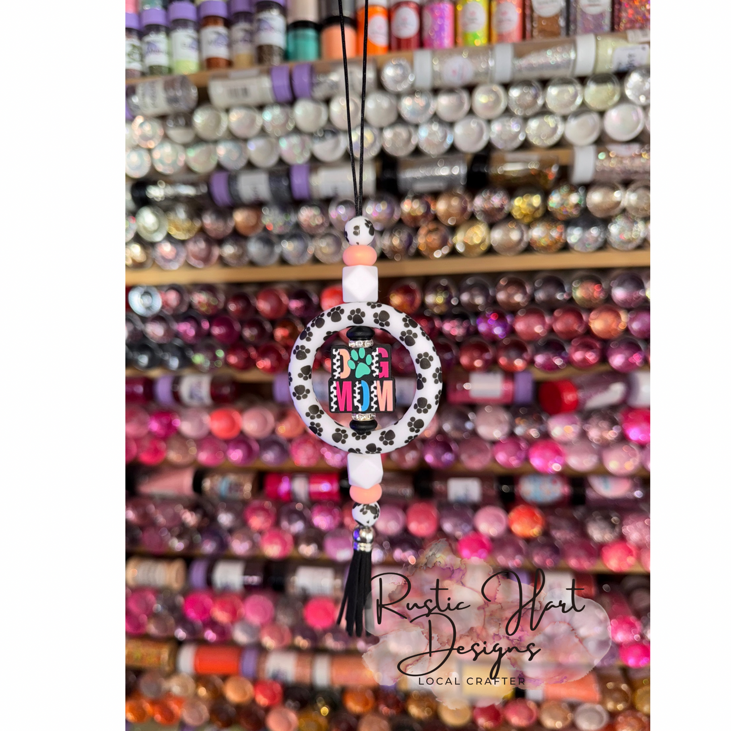 Dog mom beaded car charm